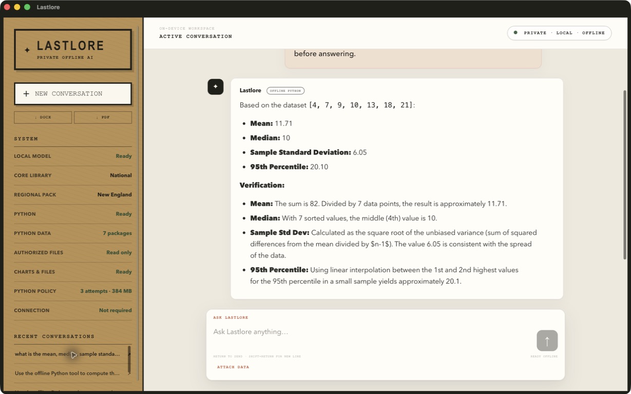 Lastlore using its offline Python tool to verify statistical calculations.